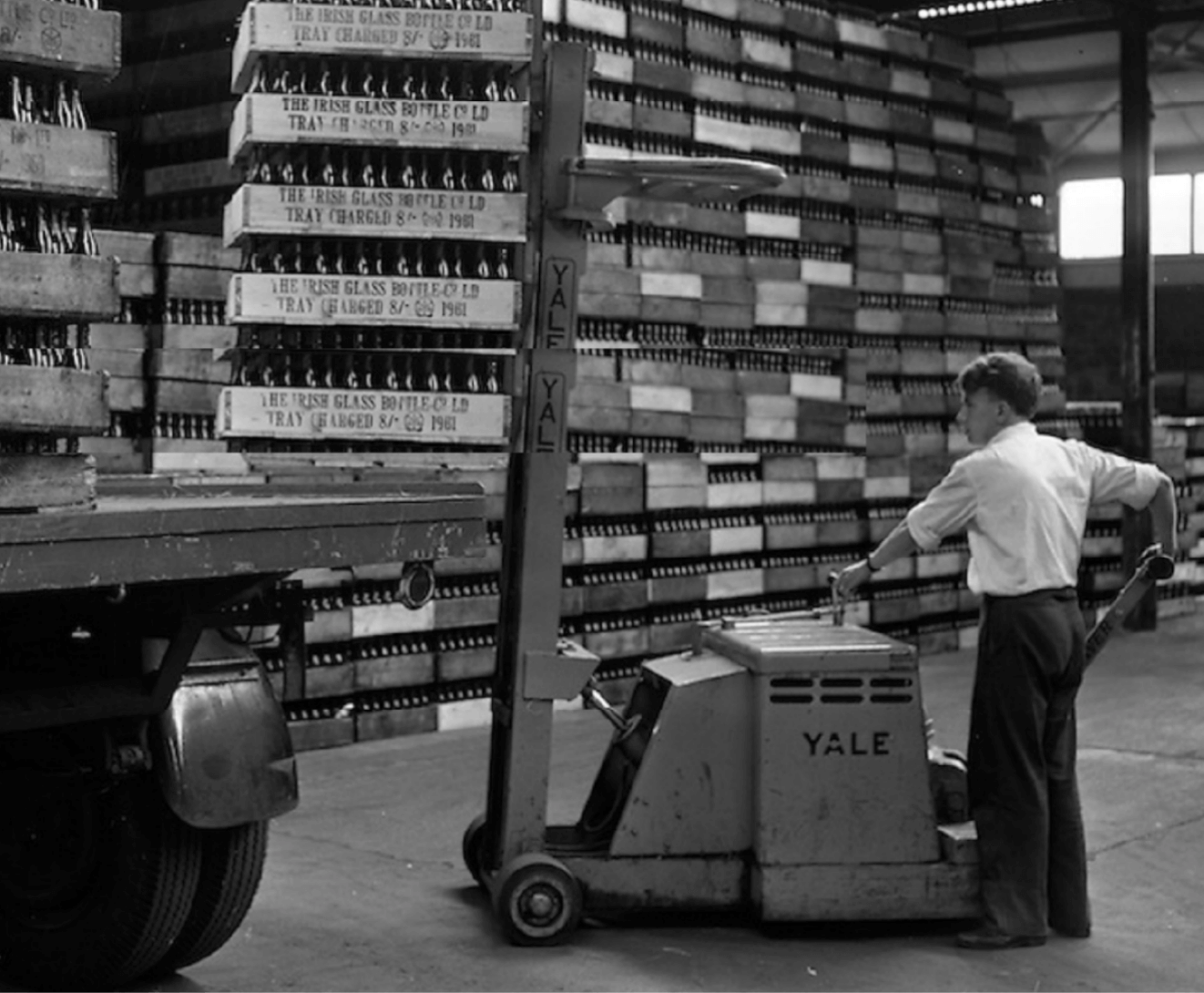 Forklift loading truck at the Irish Glass Bottle Company, Ringsend Dublin. 
                                Irish Photo Archive copyright SKP & Associates Ltd 1961