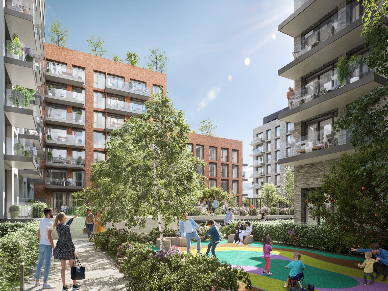 CGI Render of courtyard in development showing apartments and playground